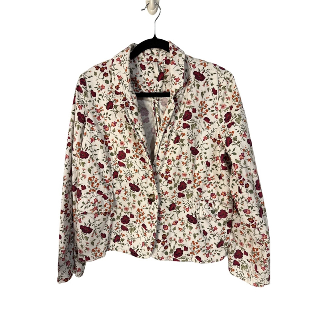 MARFIZZO Womenโs Floral Corduroy Blazer White Red Orange Size 48 US 12 Cotton Si